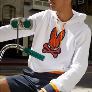 Psycho Bunny Men’s Corby Twill Logo Hoodie XXL White Orange Pullover Sweatshirt